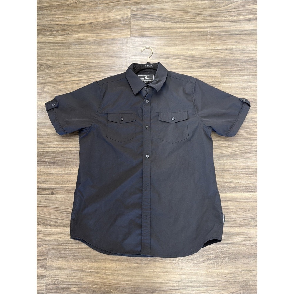 Nick Danger Mens Shirt Roll Tab Short Sleeve Button Up Black Size L